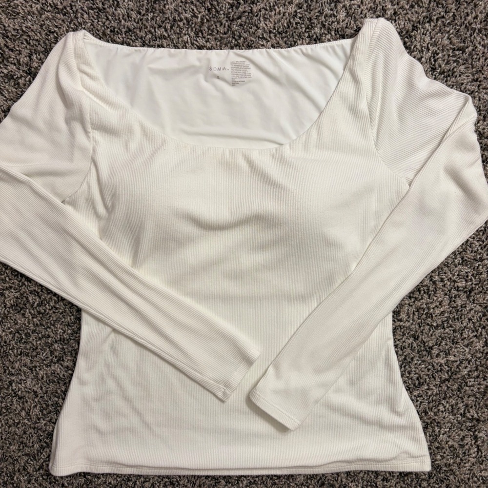 Soma White Ribbed Long Sleeve Top Built-in Bra Square Neck Small